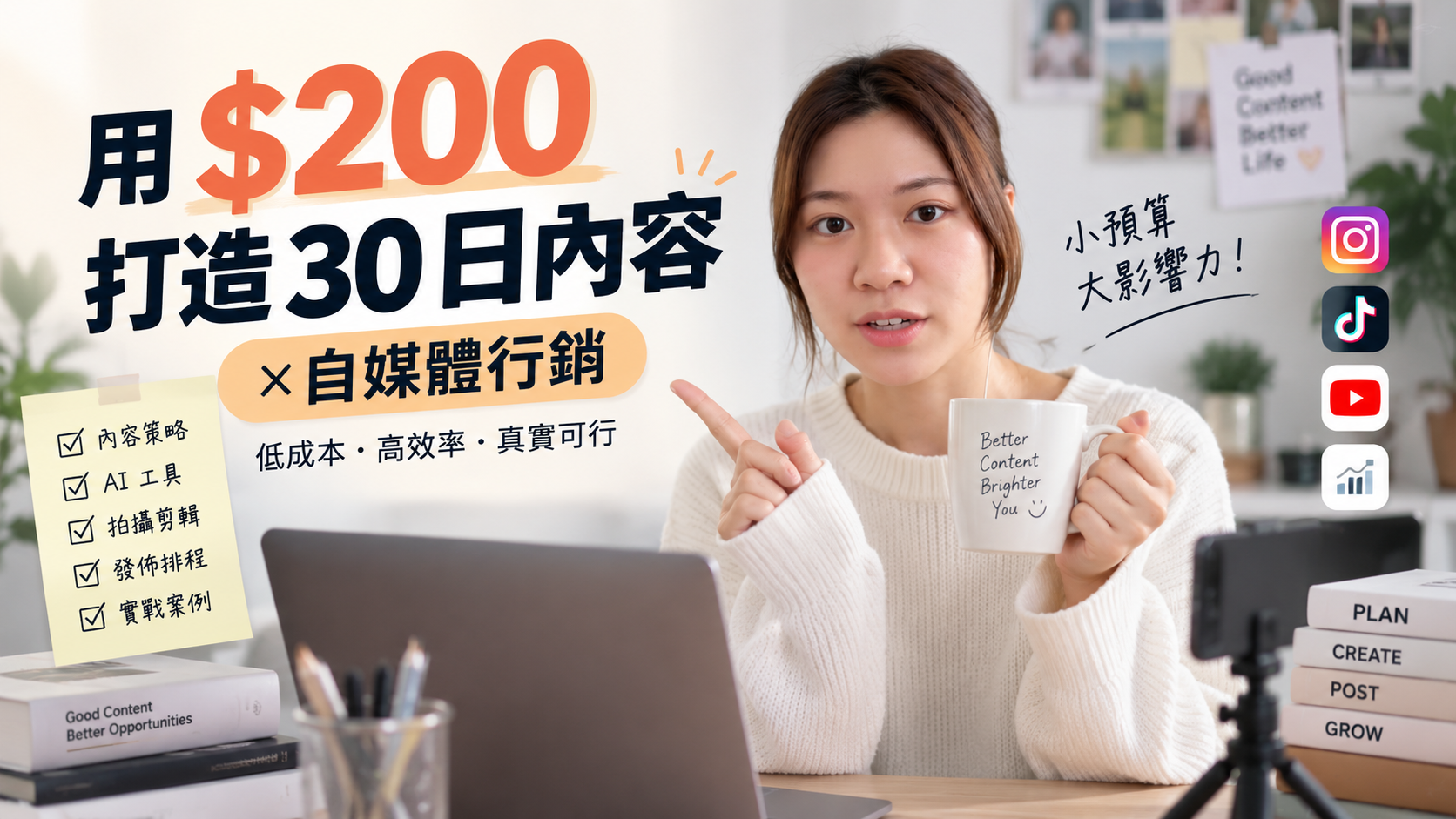 課程封面:用 $200 打造 30 日內容 × 自媒體行銷