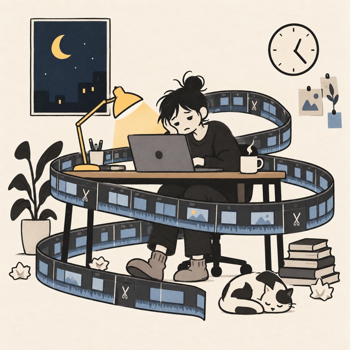 插畫:深夜剪片,時間線繞滿一屋
