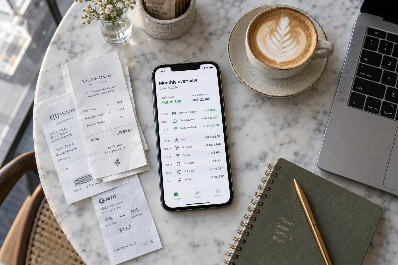 Café 桌面：手機記帳 App、收據、咖啡