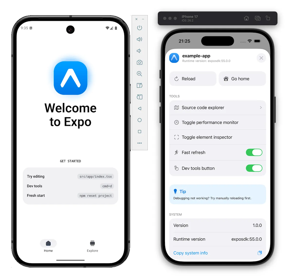 Expo 官方截圖:Welcome to Expo 畫面同 developer menu
