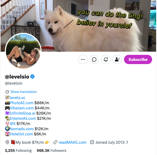 Pieter Levels 的 X 個人簡介截圖，列出各產品每月收入