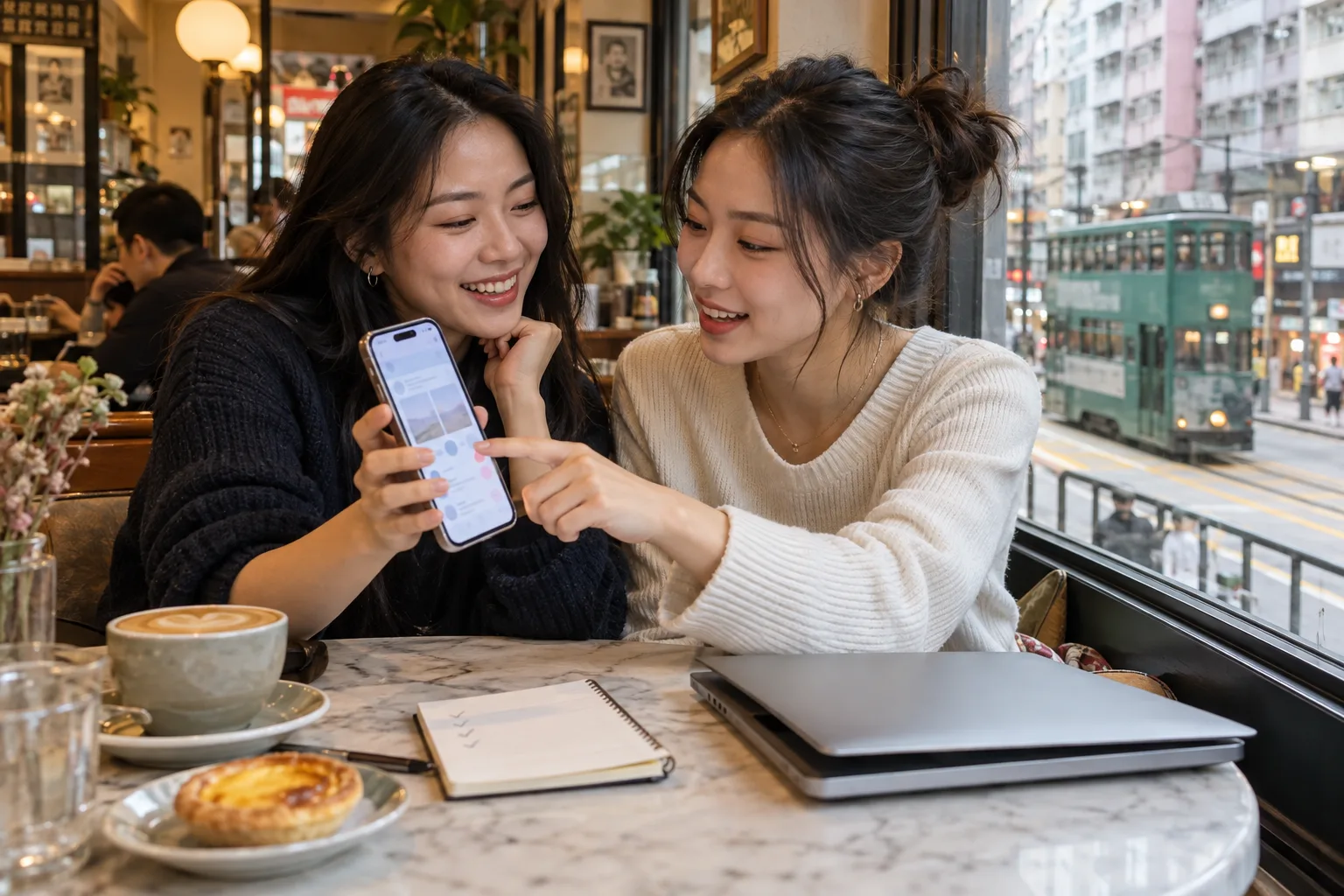 兩位朋友在茶餐廳，一人拿著手機給另一人試用她做的 App