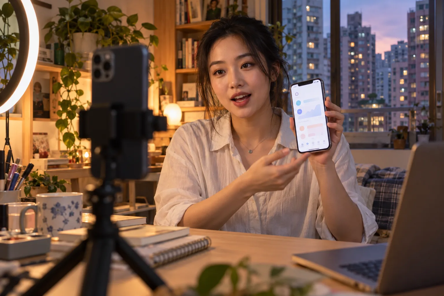在家中對著架在腳架上的手機拍短片，手拿另一部手機示範 App