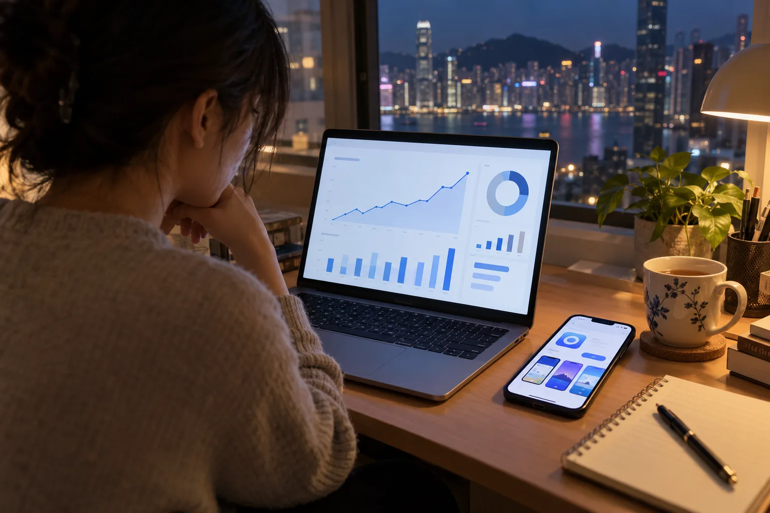 晚上在家中書桌看著下載數字上升的數據圖表，旁邊手機顯示 App Store 頁面