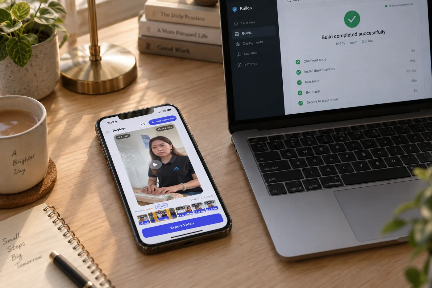 手機放在桌面，正在安裝剛完成的 App