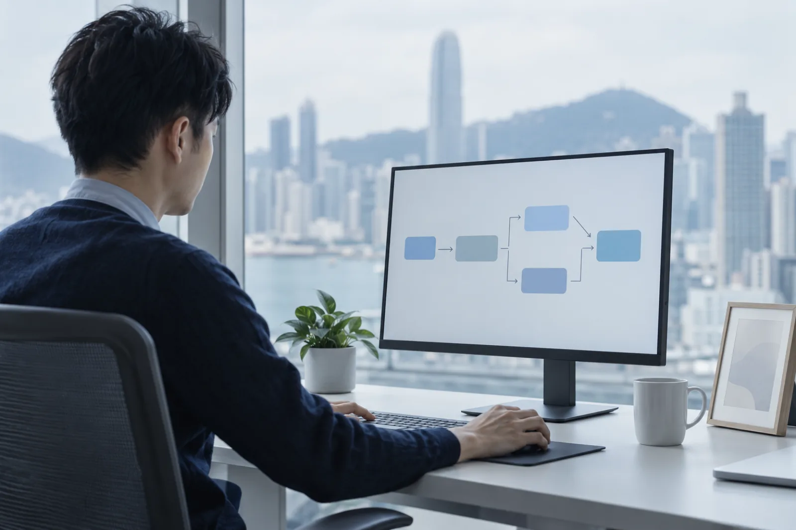 一個人喺自己嘅辦公桌前，螢幕顯示一張流程圖